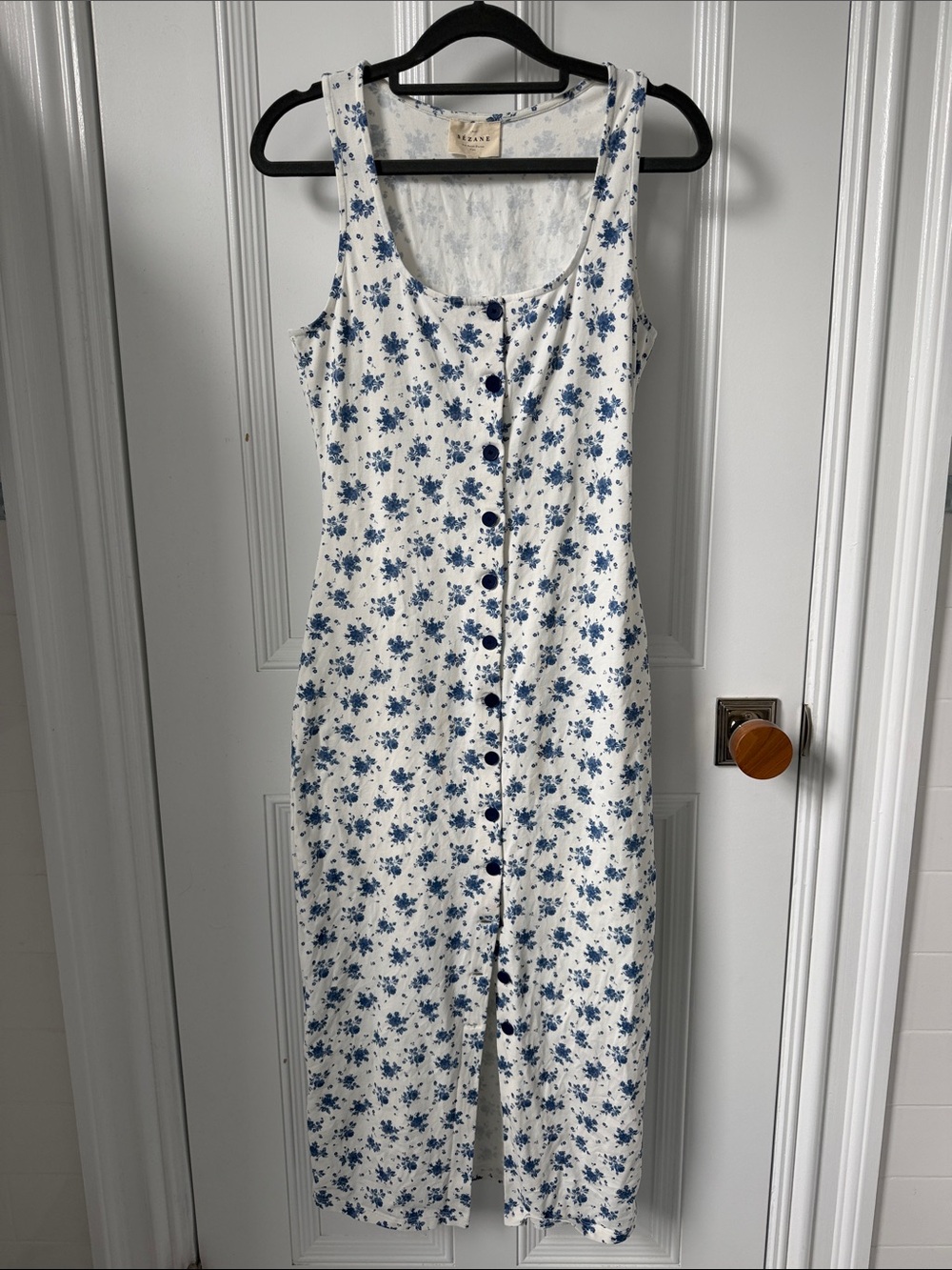 Sezane Fabiola White Midi Dress with Blue Floral Print